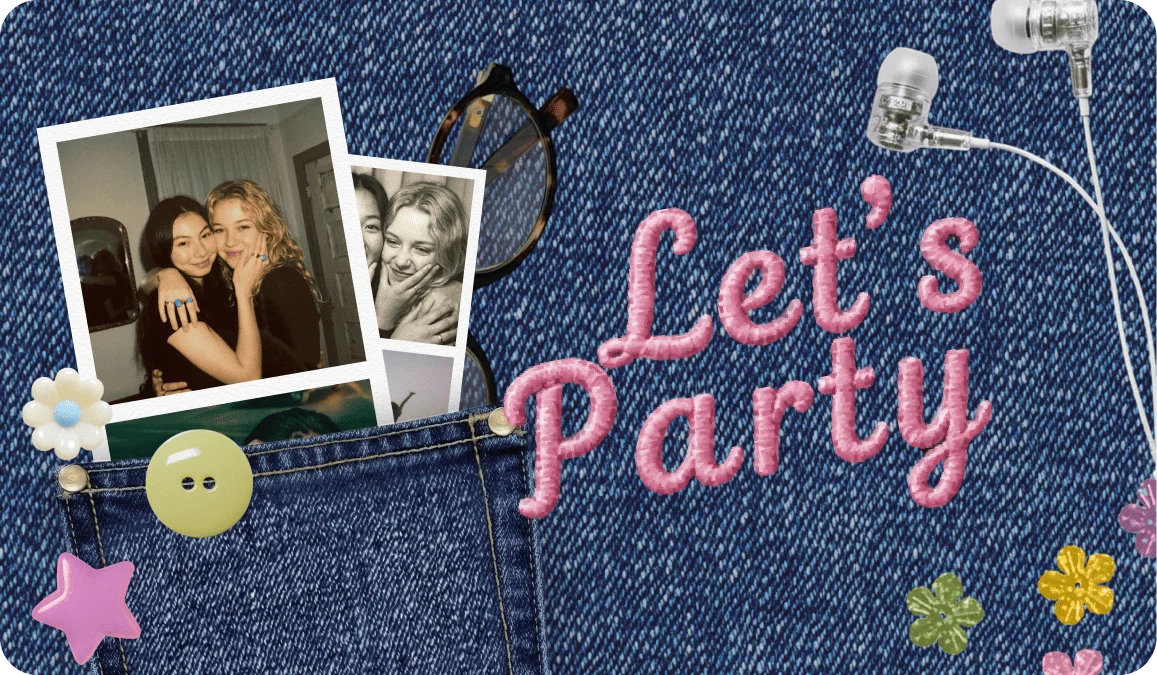 Let's Party embroidered in pink cursive on a denim jacket pocket holding photo strips and earbuds