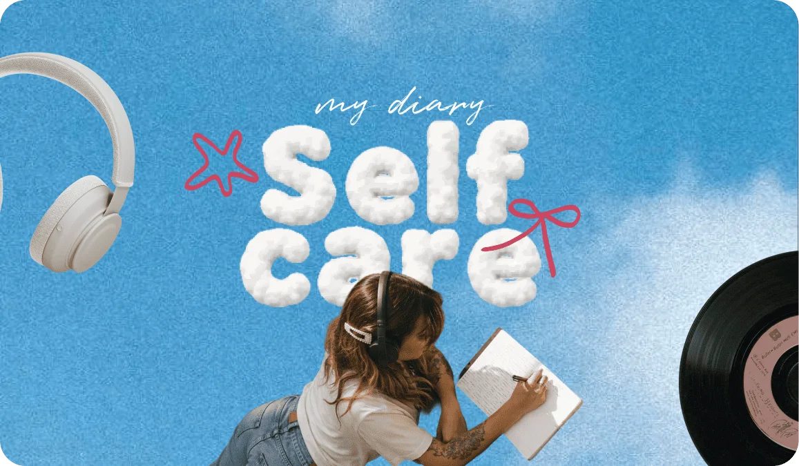Self Care written in cloud-puff letters over a blue sky, above a photo of a woman writing in a diary