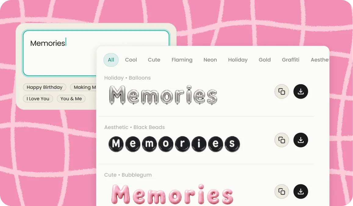 Font style list showing the word Memories rendered in Holiday balloon, Aesthetic black beads, and Cute bubblegum styles