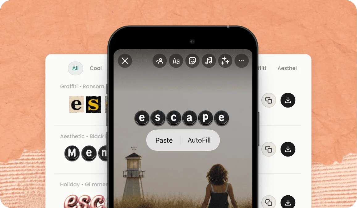 Phone screen showing the text picture generator turning the typed word escape into a black-bead font style, pasted over a photo of a woman by a lighthouse