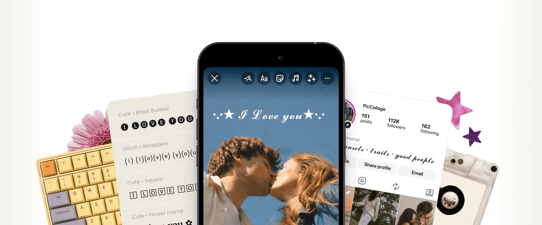 Phone story of a couple captioned I Love You in starry cursive fancy text, surrounded by more styled text examples