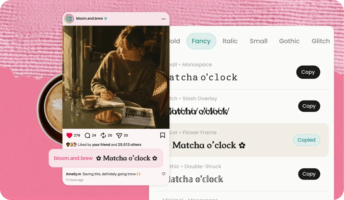 Instagram comment written in flower-framed fancy text next to the style list it was copied from