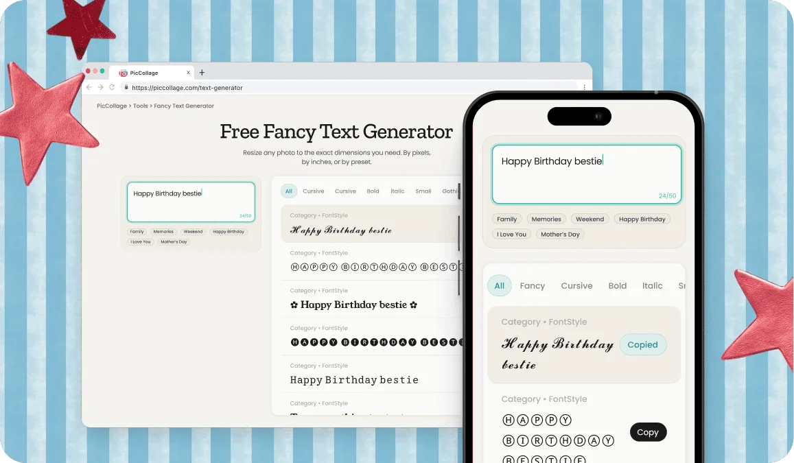 Fancy text generator open in a desktop browser and on a phone, displaying the same styled text on both devices