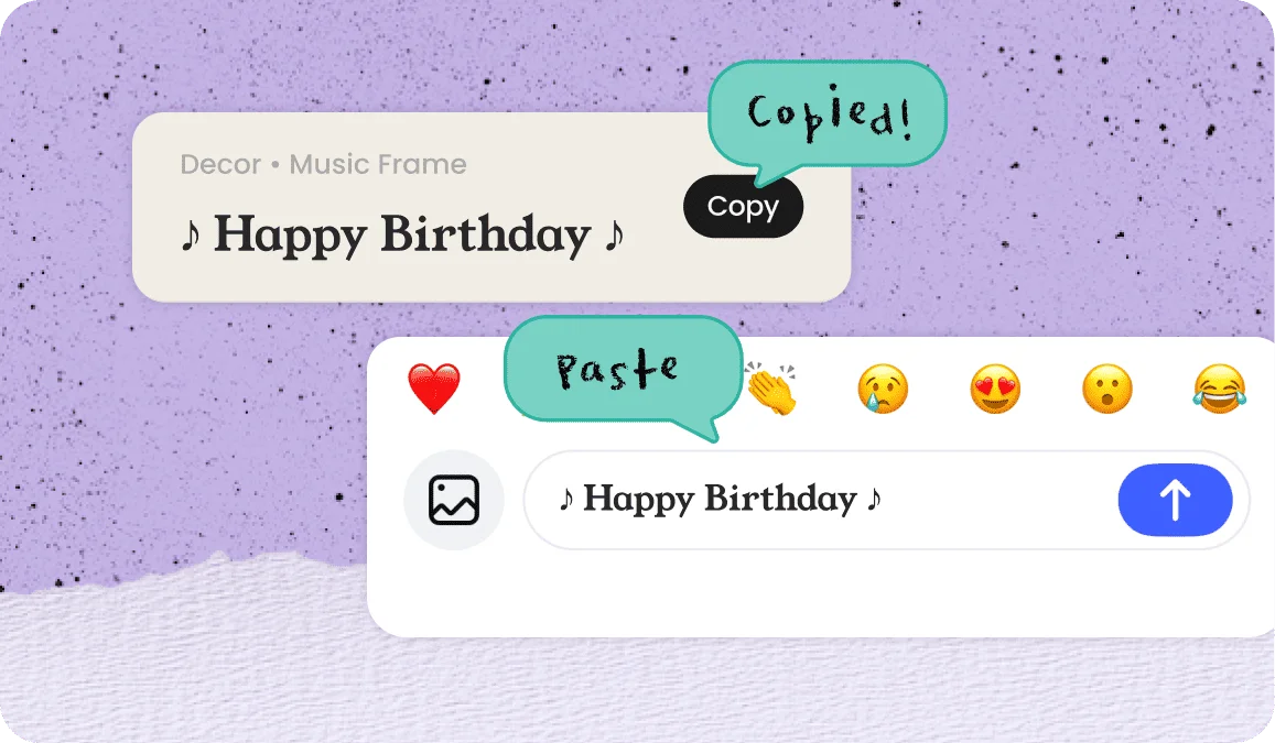 Styled text Happy Birthday with music notes being copied from the generator and pasted into a chat message
