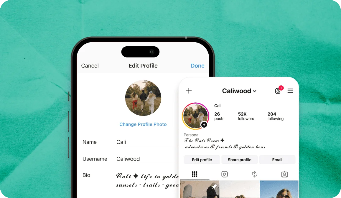 Instagram profile with the bio written in flowing cursive fancy text