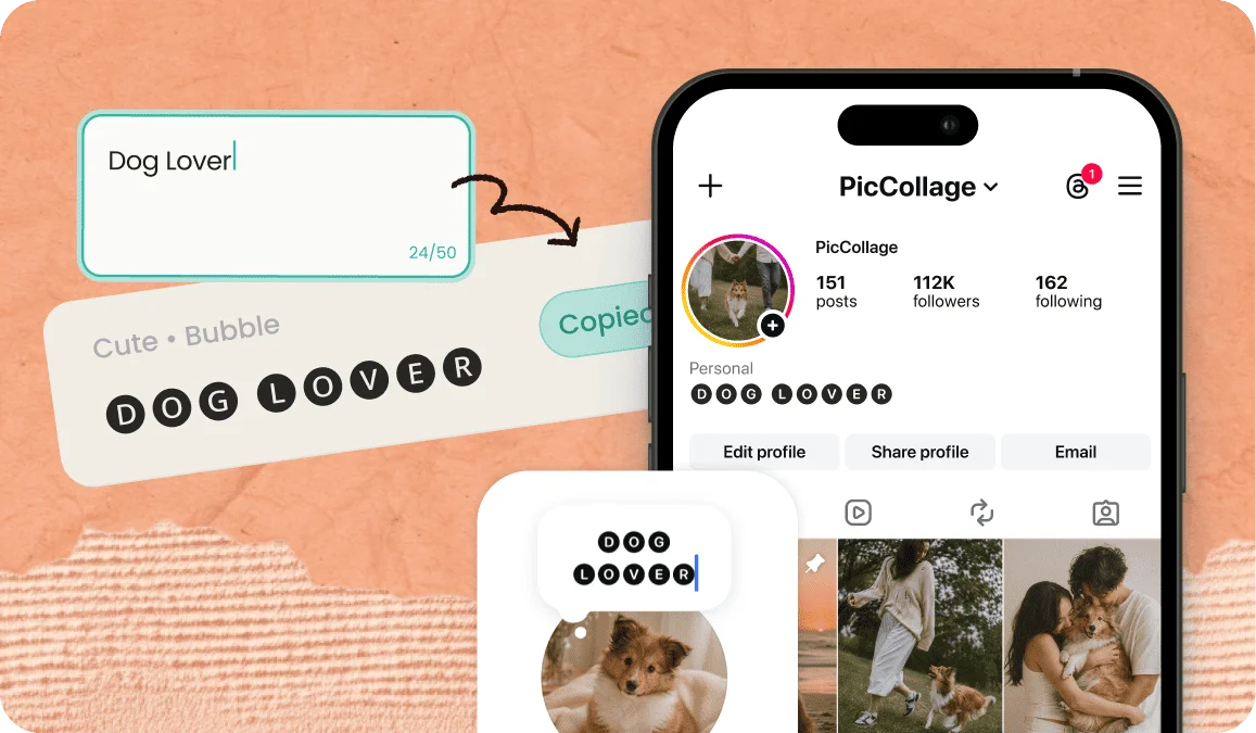 Fancy text generator turning the words Dog Lover into bubble letters, pasted as real text into an Instagram bio and username